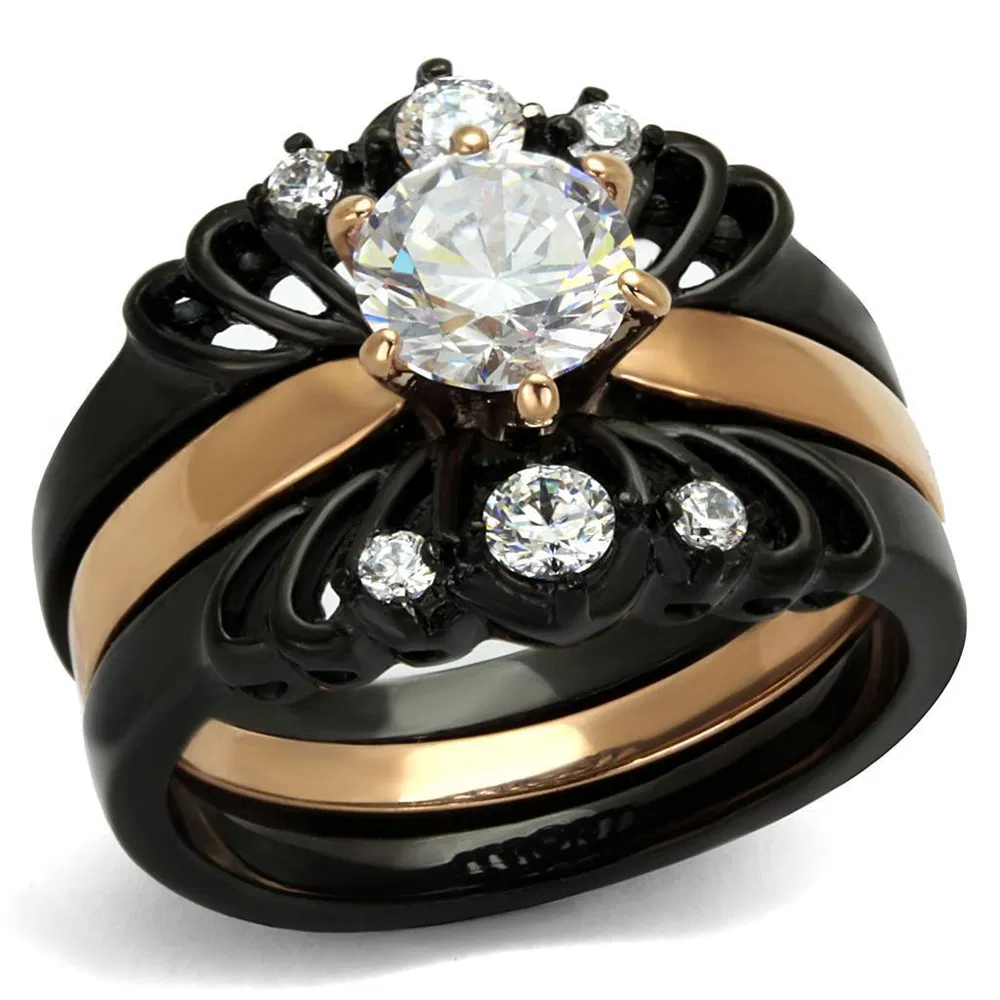 TK2189 - IP Rose Gold+ IP Black (Ion Plating) Stainless Steel Ring with AAA Grade CZ in Clear - Grocery