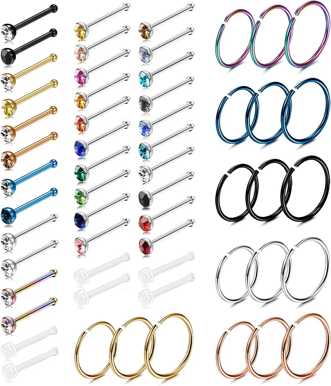 18G 20G Nose Rings Hoop Surgical L-Shaped Nose Rings Studs Screw Nostril Hoop Rings Colored CZ Inlaid Clear Nose Piercing for Women Men - Grocery