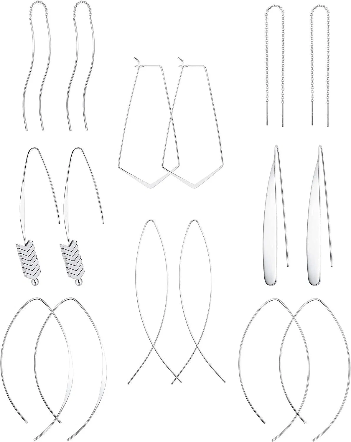 8 Pairs Dangle Threader Earrings for Women Geometric Chevron Hoop Earrings Curved Flat Bar Wave Earrings Set - Grocery