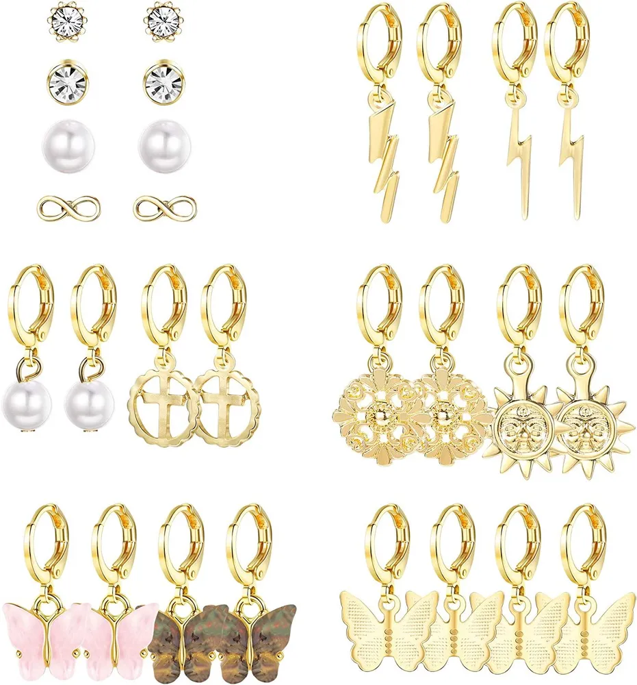 14 Pairs Butterfly Hoop Earrings for Women Flower Enamel Gold Sun Hoop Earrings Set Cute Ear Jewelry - Grocery