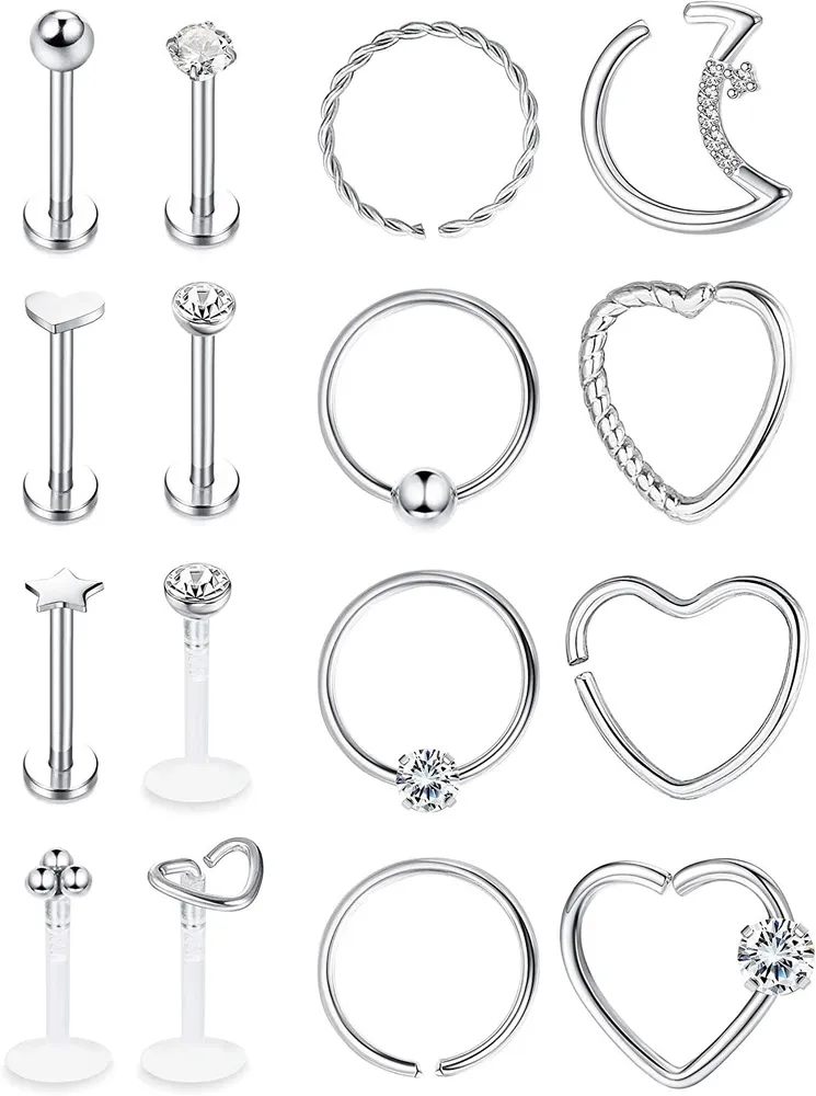 16 Pcs Daith Cartilage Earrings for Women Stainless Tragus Helix Piercing Stud Septum Labret Monroe Lip Fake Nose Rings 16G 20G - Grocery