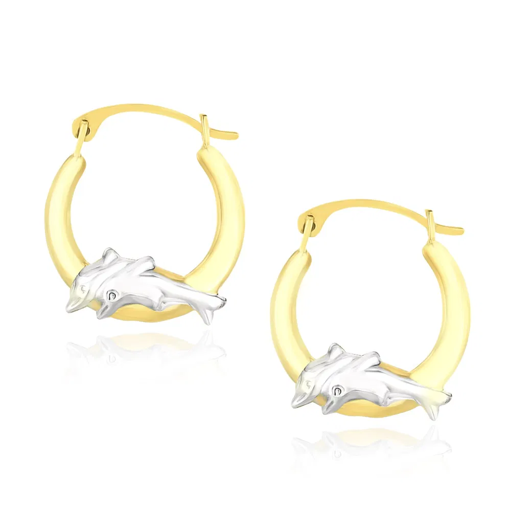 10k Two-Tone Gold Round Graduated Dolphin Design Hoop Earrings - Grocery
