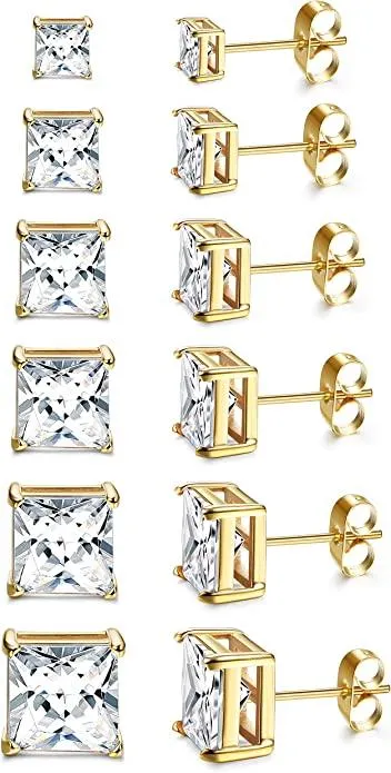 Square CZ Stud Earrings for Men Women Stainless Steel Princess Cut Cubic Zirconia Earring Studs 3MM-8MM - Grocery