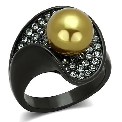 TK1732 - IP Black(Ion Plating) Stainless Steel Ring with Synthetic Pearl in Champagne - Grocery