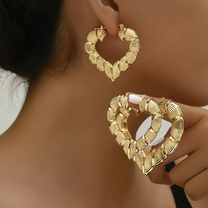 Golden Heart-Shaped Bamboo Earrings - Statement Jewelry for Any Occasion - Grocery