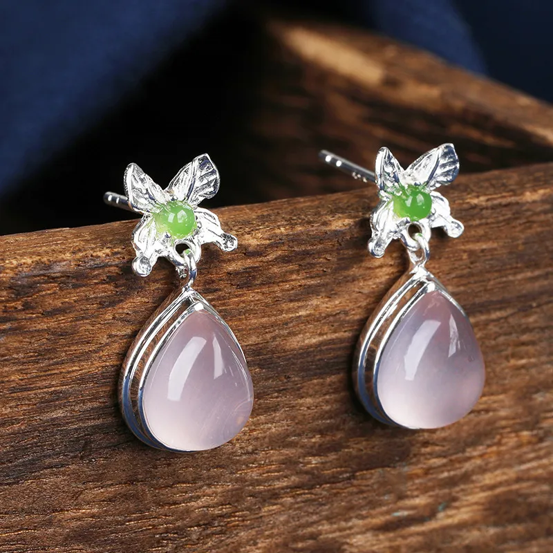 S925 Silver Earrings High-quality Pink Crystal Chinese Style Butterfly Inlaid Jasper Ear Jewelry Does Not Fade - Grocery