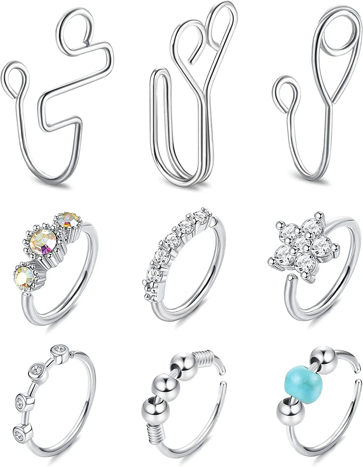 Women 9Pcs 20G African Nose Cuff Nose Ring Hoop Stainless Paved CZ Flower Spinning Bead Clip On Nose Septum Piercing Jewelry - Grocery