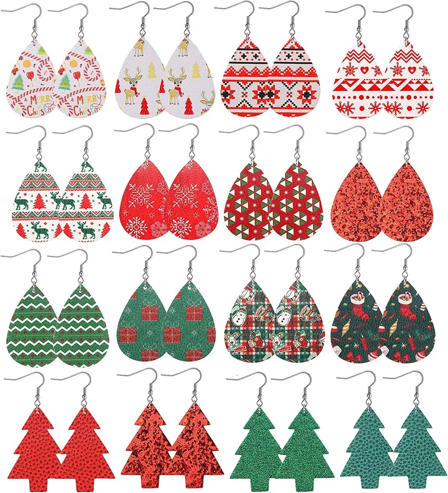 16Pairs Christmas Faux Leather Earrings for Women Teardrop Dangle Earrings Petal Drop Earrings Xmas Jewelry Accessory Lightweight Earrings - Grocery