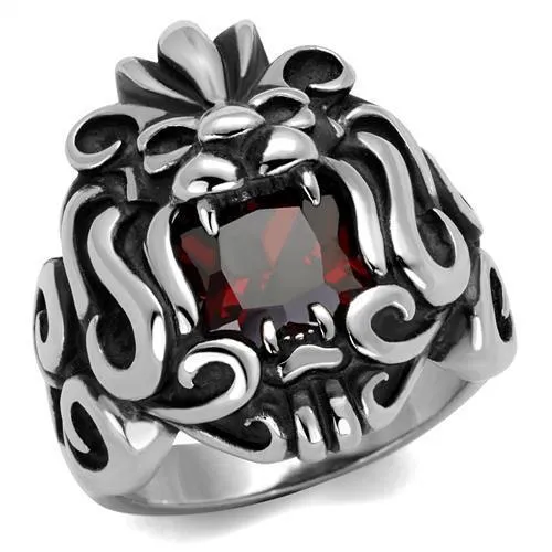 TK2339 - High polished (no plating) Stainless Steel Ring with AAA Grade CZ in Garnet - Grocery