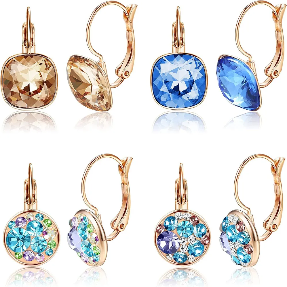 4 Pairs CZ Leverback Dangle Hoop Earrings for Women Gold Plated Round Square Crystal Dangle Huggies Earrings Cute Drop Earrings Set - Grocery