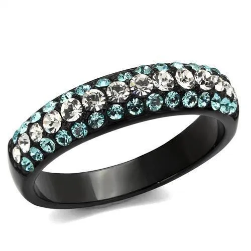TK2205 - IP Black(Ion Plating) Stainless Steel Ring with Top Grade Crystal in Sea Blue - Grocery