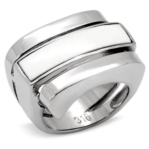 TK108 - High polished (no plating) Stainless Steel Ring with Semi-Precious Agate in White - Grocery