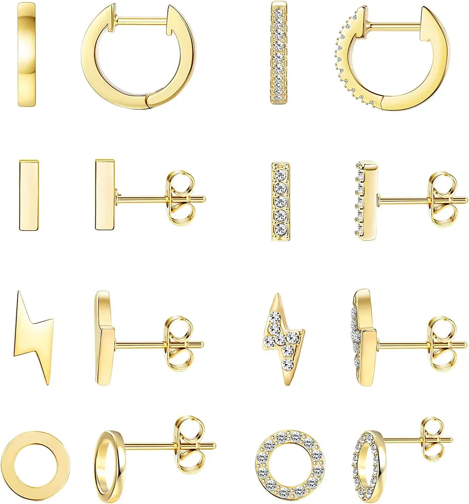 8 Pairs Stud Earrings Set Minimalist Cute Hoop Huggie Earrings Bar CZ Lightning Mini Earrings for Women Men - Grocery