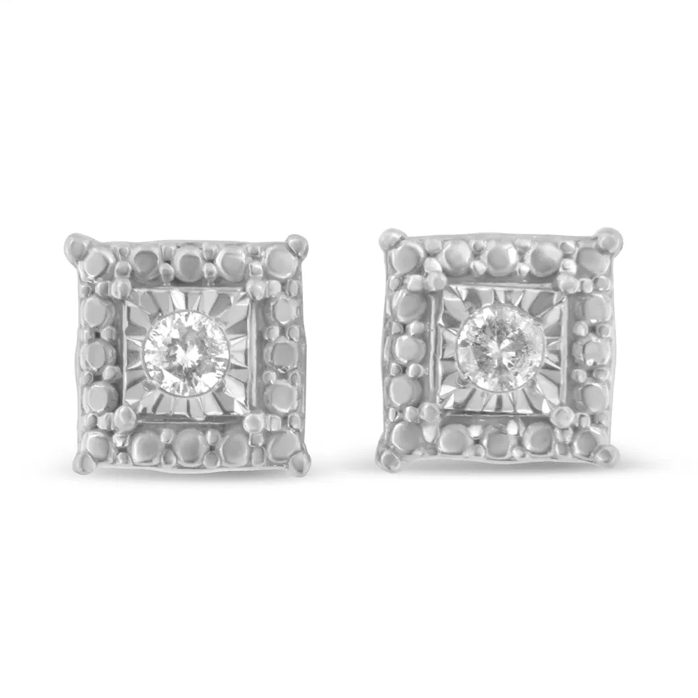 .925 Sterling Silver 1/10 Cttw Round Brilliant-Cut Near Colorless Diamond Miracle-Set Beaded Square Stud Earrings (H-I Color, I2-I3 Clarity) - Grocery
