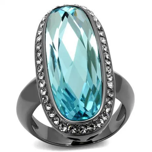 TK2804 - IP Light Black (IP Gun) Stainless Steel Ring with Top Grade Crystal in Sea Blue - Grocery