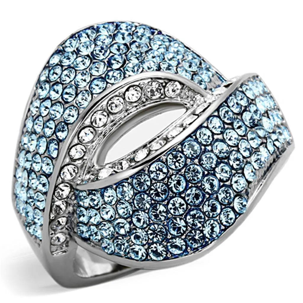 TK1303 - High polished (no plating) Stainless Steel Ring with Top Grade Crystal in Sea Blue - Grocery