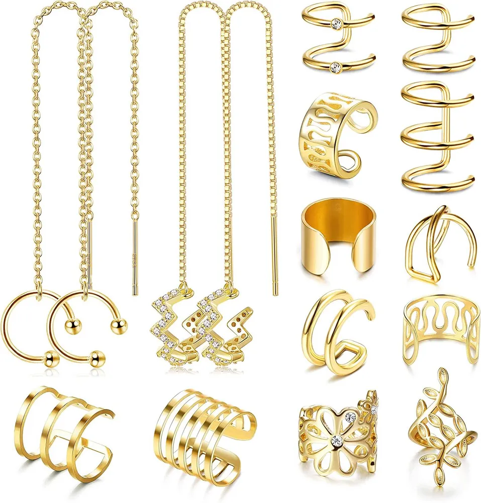 16 Pcs Stainless Steel Non Piercing Earrings Set Wave Cuff Chain Earrings Helix Cartilage Clip On Wrap Earrings - Grocery