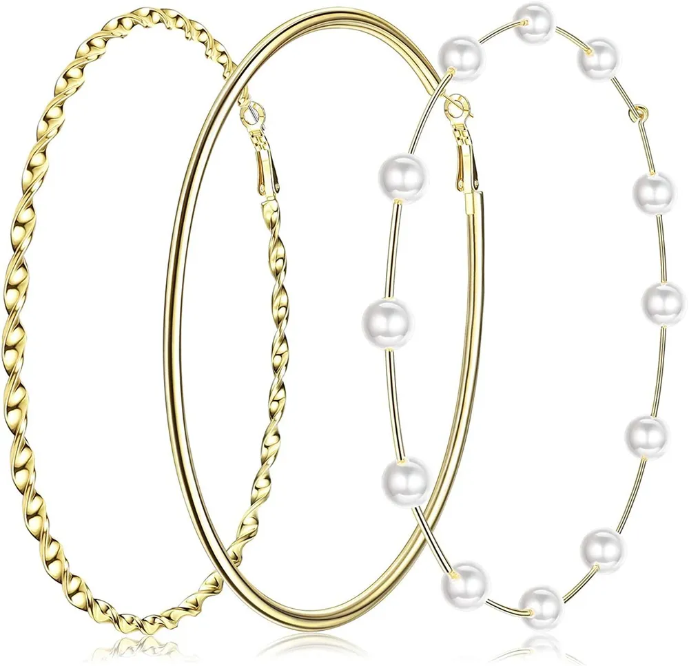 3 Pairs 14K Gold Plated Big Hoop Earrings for Women Large Pearl Hoop Earring Thin Twisted Huge Hoop Earrings in One Set Lightweight Hoop - Grocery