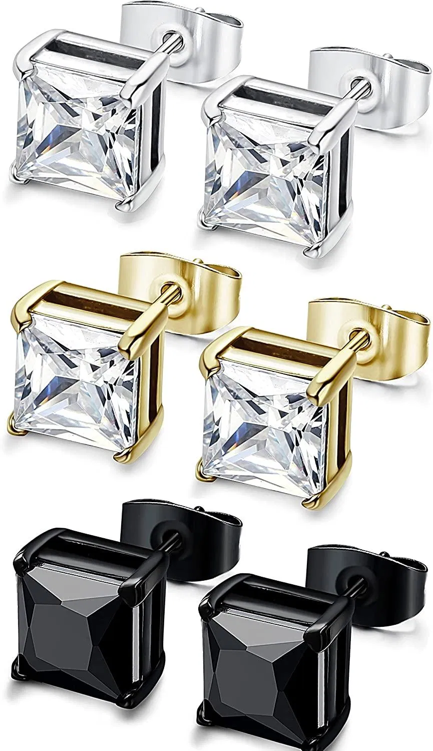 3 Pairs Stainless Studs Earrings for Men Women Cubic Zirconia Inlaid; 3-8mm Available - Grocery