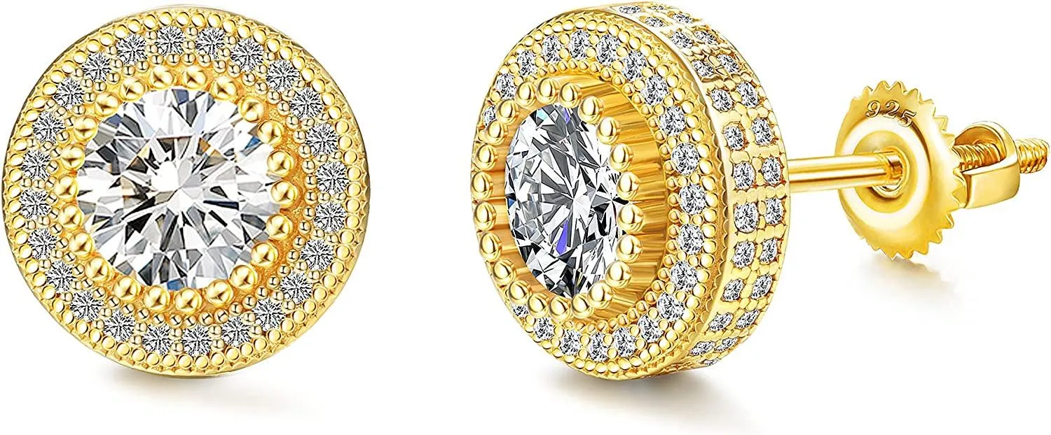 Sterling Silver Post Stud Earrings for Men Women 18K Gold Plated Hypoallergenic Iced Out Earrings Round CZ Halo Stud Earrings - Grocery