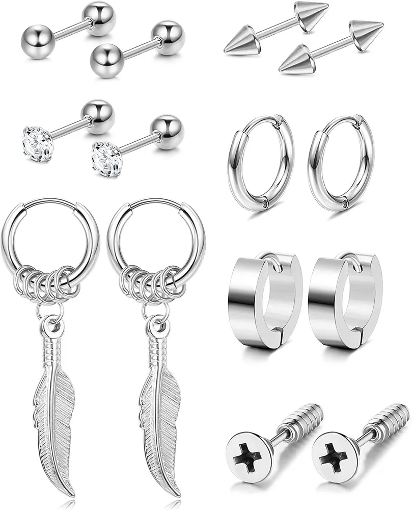 7 Pairs Stainless Earrings for Men Women Cool Feather Hoop Dangle Earrings CZ Stud Earrings - Grocery