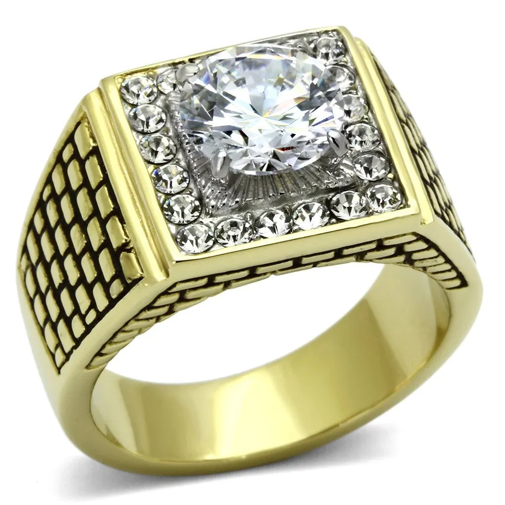 TK735 - Two-Tone IP Gold (Ion Plating) Stainless Steel Ring with AAA Grade CZ in Clear - Grocery