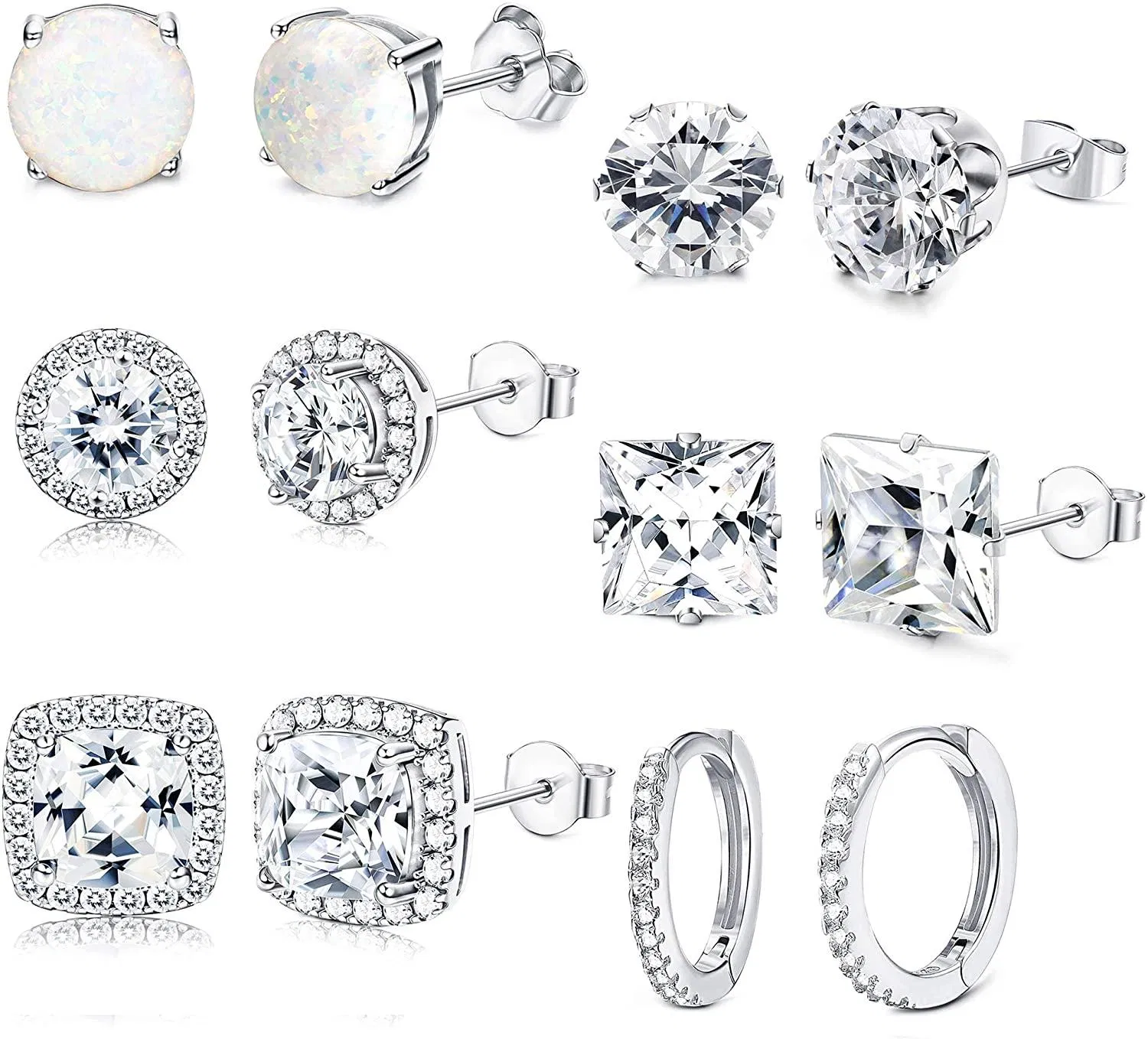 6 Pairs 18K White Gold Plated CZ Simulated Diamond Halo Stud Earrings for Women Round Square CZ Opal Huggie Hoop Cuff Earrings for Anniversary - Grocery
