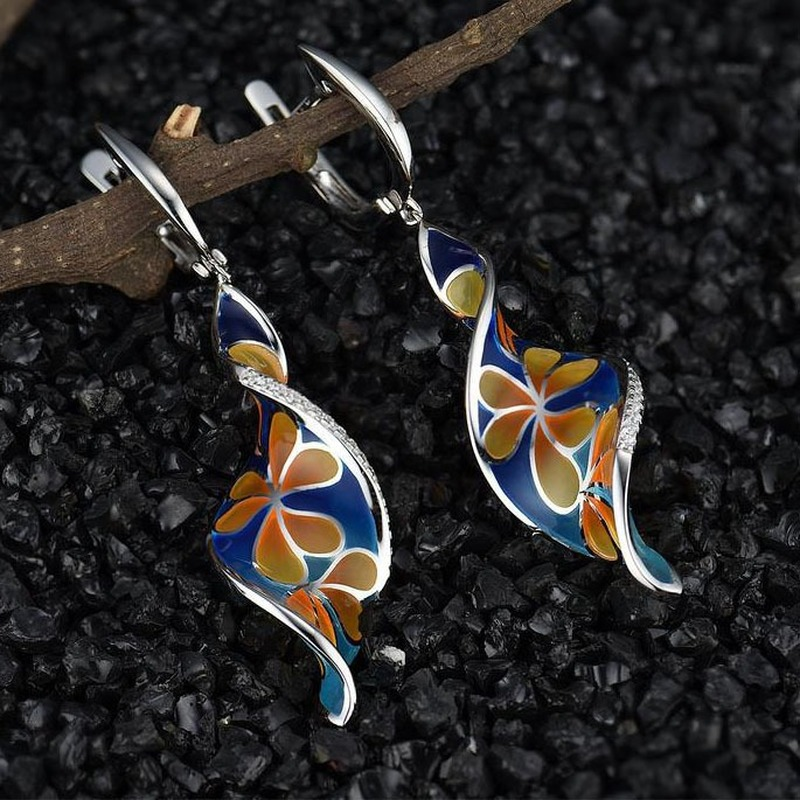 Boho Ear Buckles Drop Earrings Flower Shaped Colorful Zinc Alloy With Sparkly Zircon Pendant Dangly Earrings Vintage Jewelry Gift - Grocery