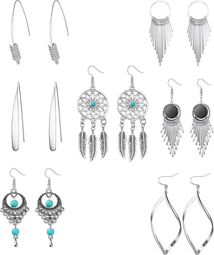 8 Pairs Boho Drop Dangle Earrings Curved Threader Dangle Earrings Fringed Tassel Character Exaggerated Statement Earrings Set for Women; Gold Tone - Grocery