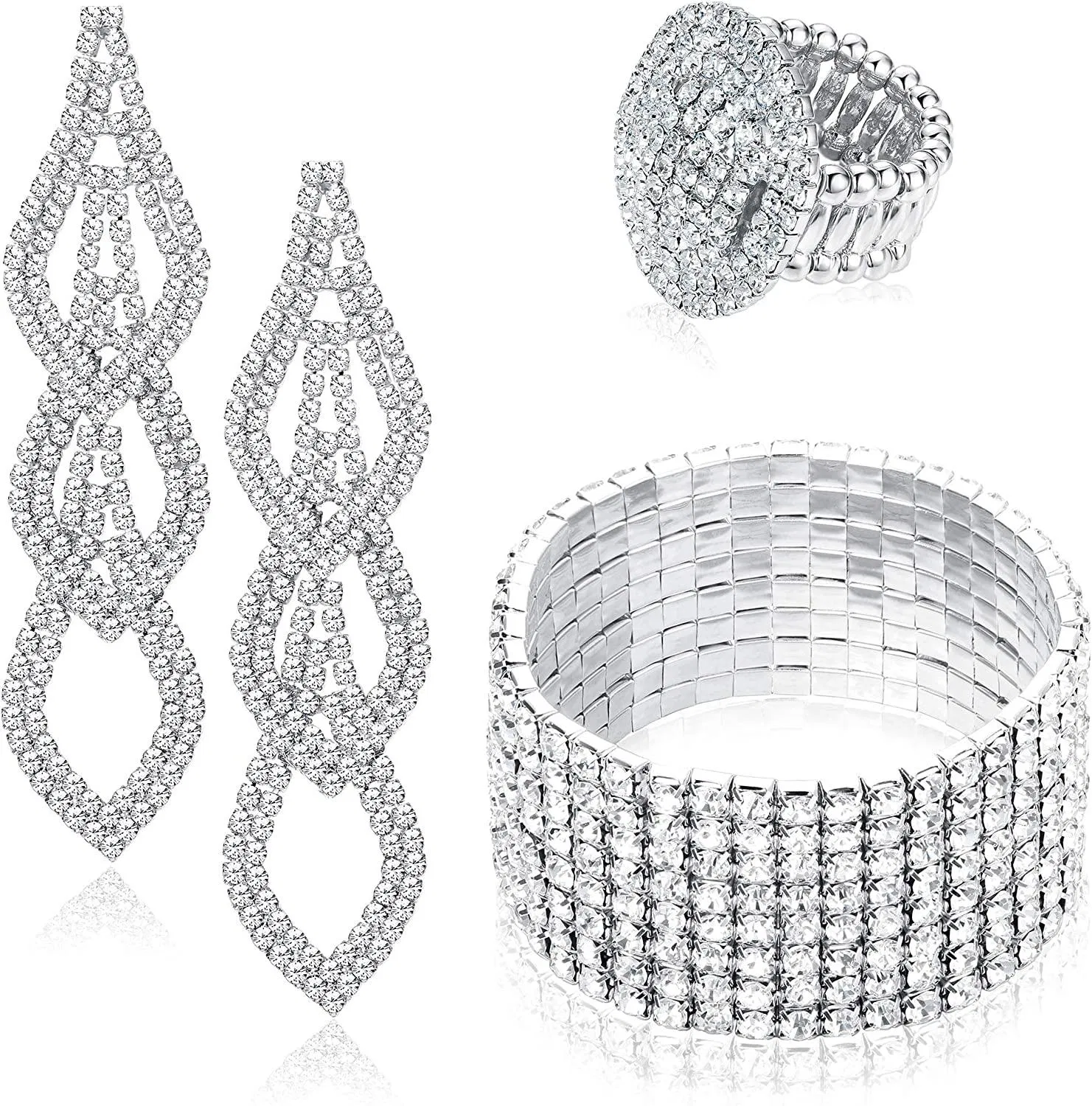 Rhinestone Bridal Set for Women Strand Stretch Bracelet Long Chandelier Drop Dangle Earrings Crystal Rhinestone Oval Stretch Ring Prom Wedding Jewelry - Grocery