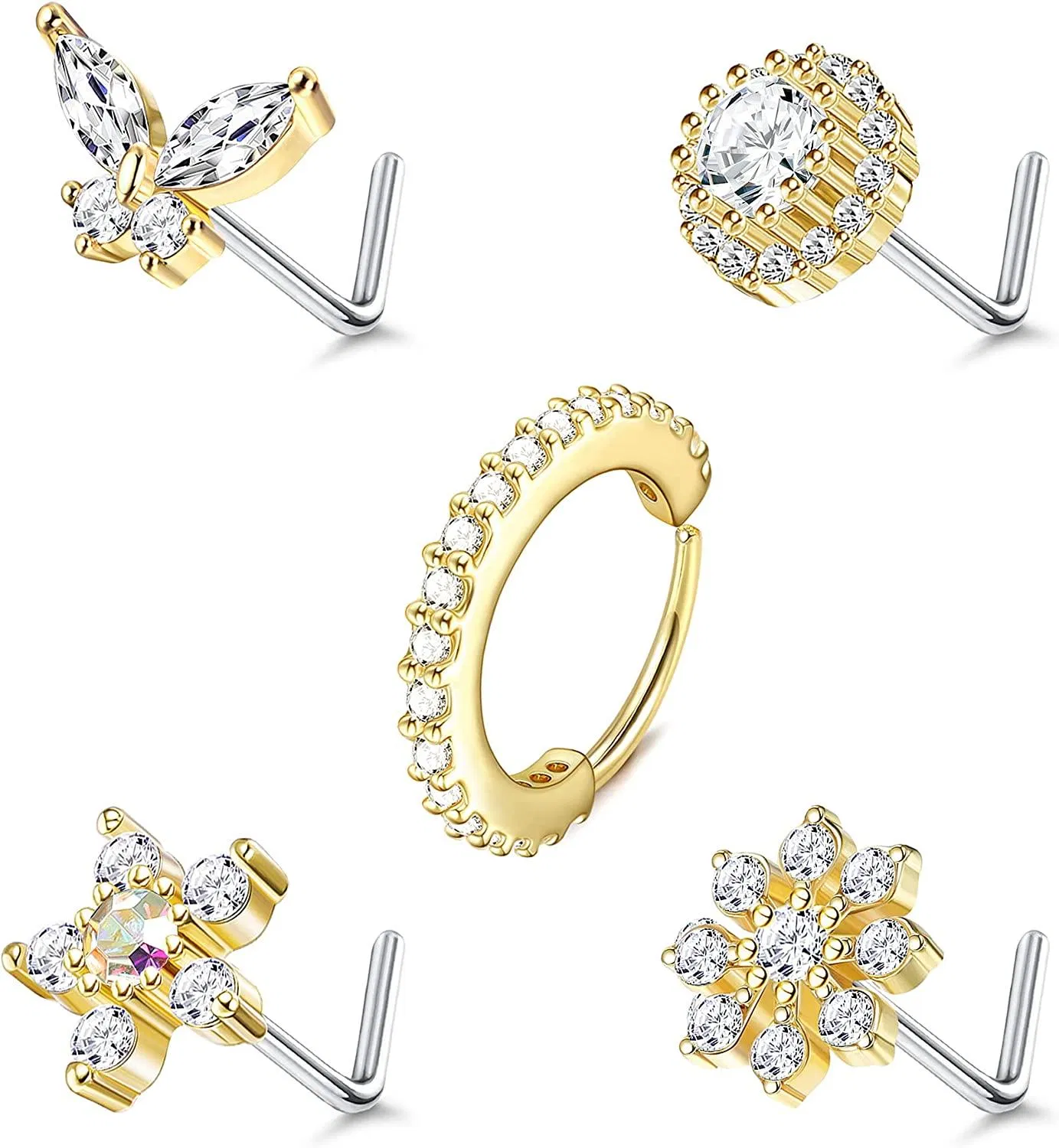 20G Nose Rings Butterfly Flower Tiny CZ Nose Rings Stud Stainless Nose Piercing Jewelry for Women Men L Shaped Screw Retainer - Grocery