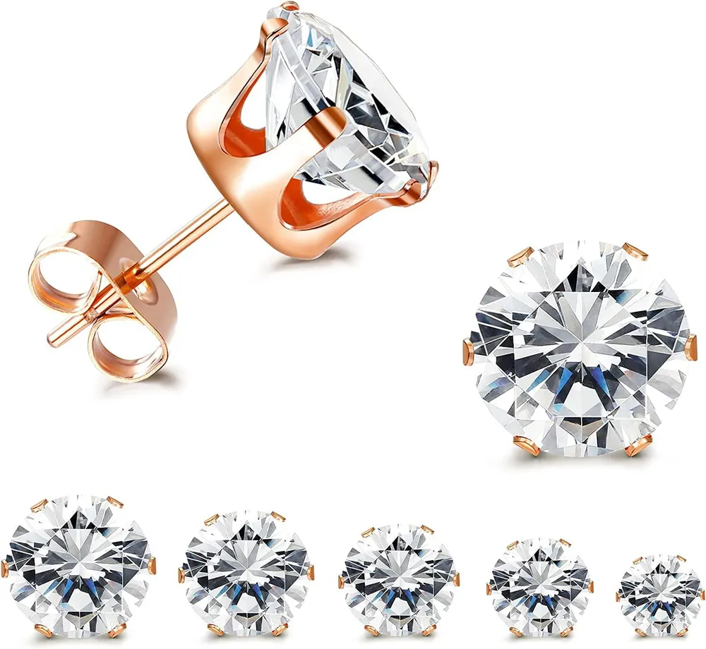 5 Pairs CZ Stud Earrings Set; Round Clear Cubic Zirconia 316L Stainless Earrings for Women 3-7mm - Grocery