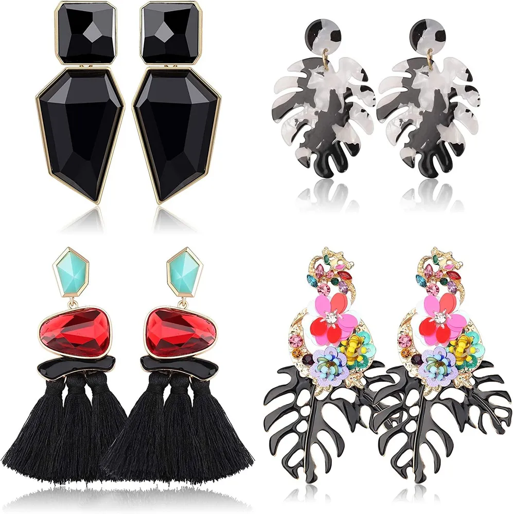 4 Pairs Statement Earrings for Women Acrylic Palm Leaf Earrings Bohemian Flower Dangle Alloy Earrings Tassel Earrings Set - Grocery