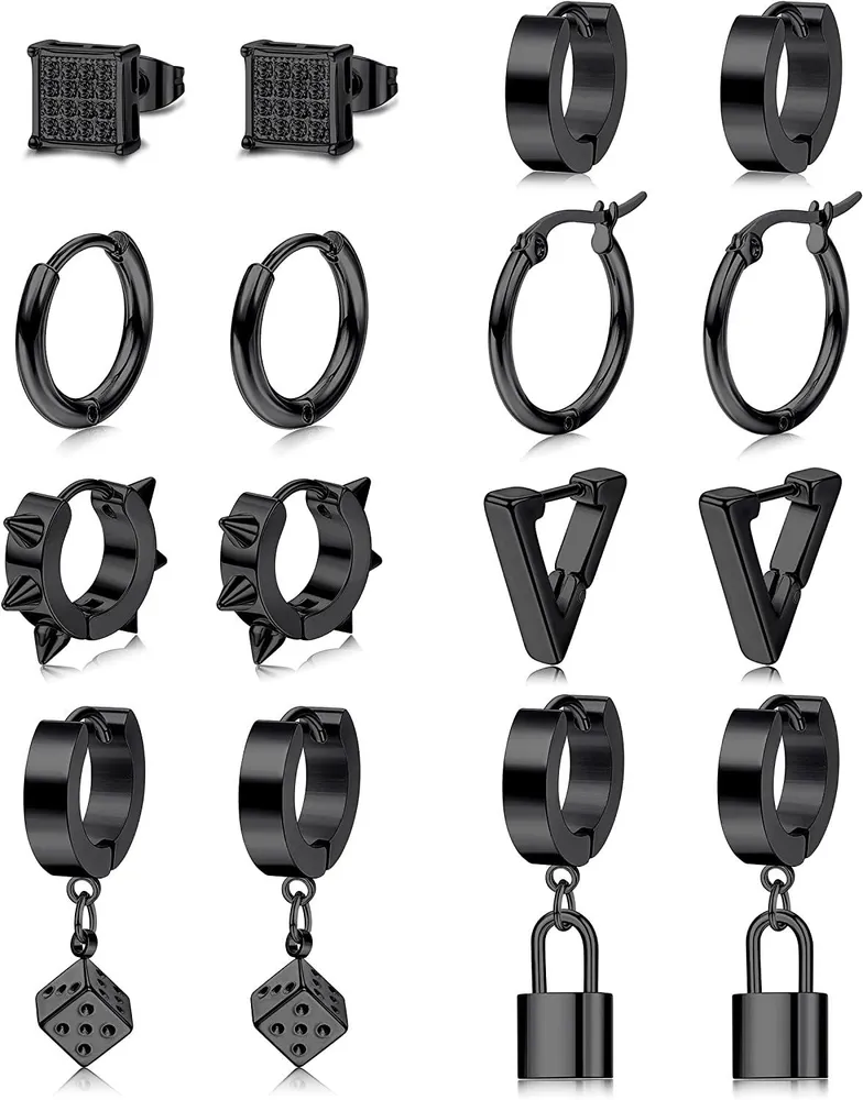 8 Pairs Black Earrings for Men Stainless Mens Earrings Set Kpop Earrings CZ Square Stud Earring Huggie Hoop Dangle Earring Set - Grocery