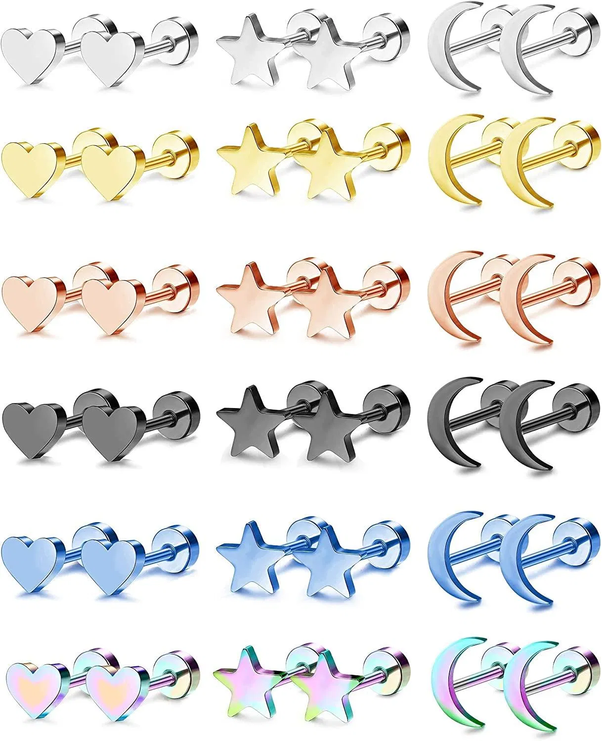 18Pairs 18G 316L Stainless Steel Heart Moon Star Stud Earrings Barbell Piercing Studs for Women Men Cartilage Helix Tragus Ear Piercing Jewelry - Grocery