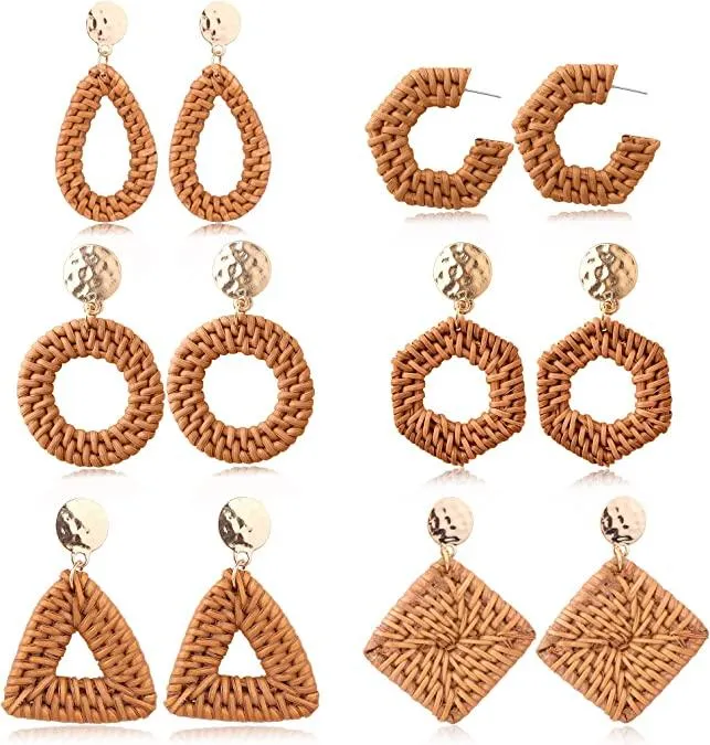 6 Pairs Woven Rattan Earrings for Women Handmade Boho Straw Wicker Braid Drop Dangle Earrings Lightweight Geometric Statement Earrings - Grocery