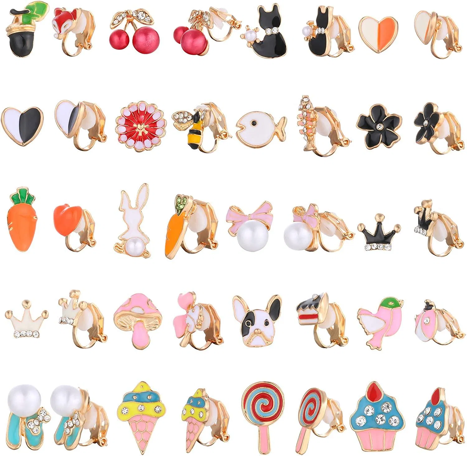 20Pairs Painless Clip On Earrings for Teen Girl Women Lollipop Ice Cream Multiple Animals Cute Pattern Christmas Gift - Grocery