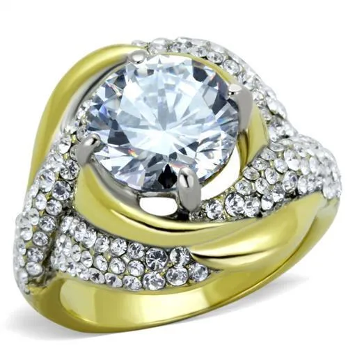 TK1910 - Two-Tone IP Gold (Ion Plating) Stainless Steel Ring with AAA Grade CZ in Clear - Grocery
