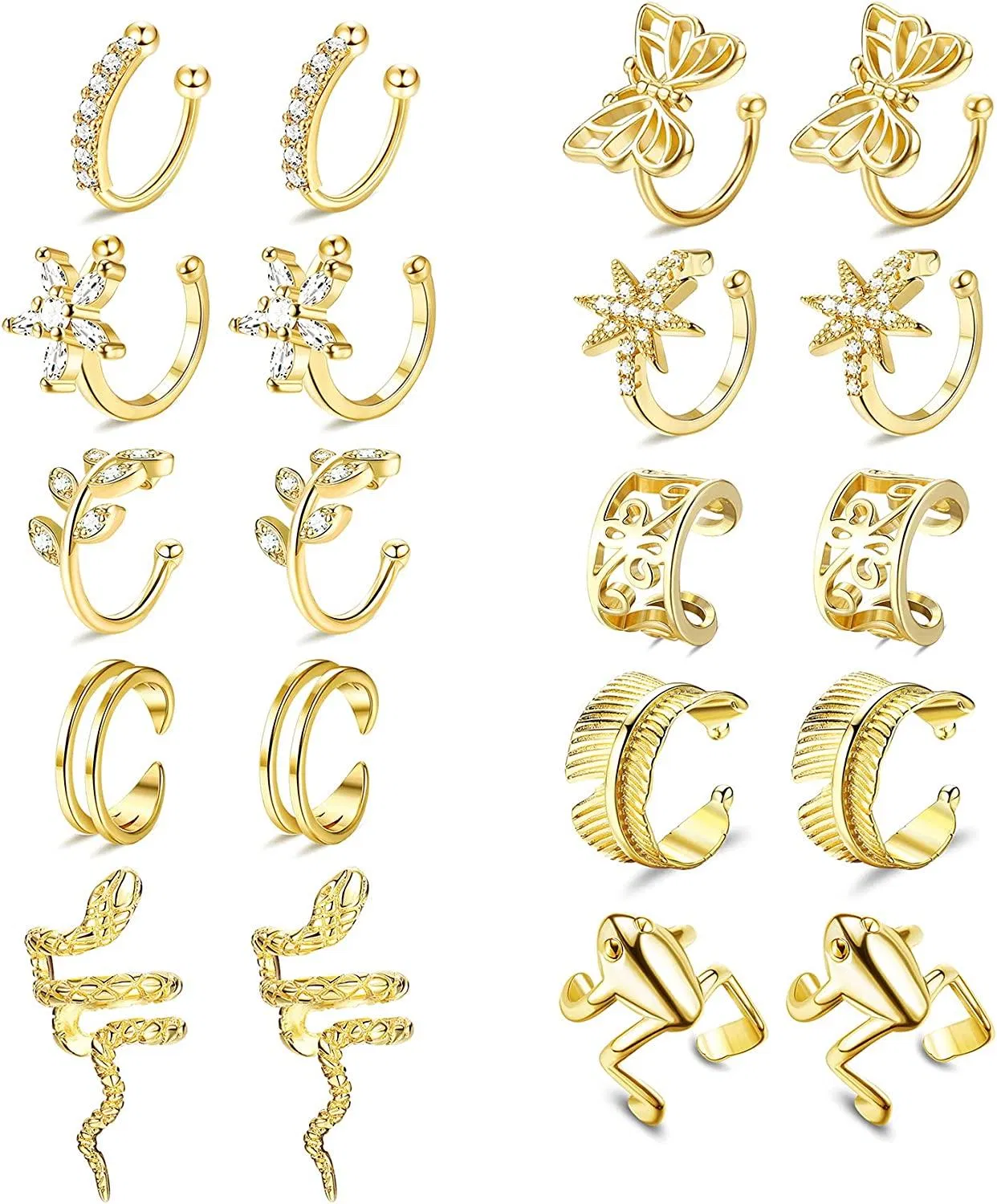 10 Pairs Cuff Earrings for Women Non Piercing Clip on Cartilage Earrings Gold Plated CZ Ear Cuff Earrings Snake Frog Butterfly Fake Earrings Set - Grocery