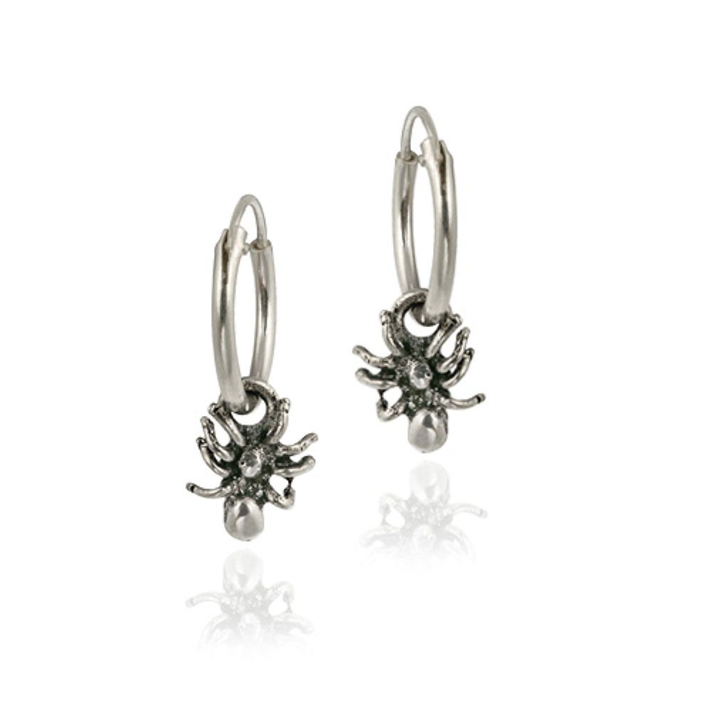Sterling Silver Dangling Spider Small Hoop Earrings - Grocery