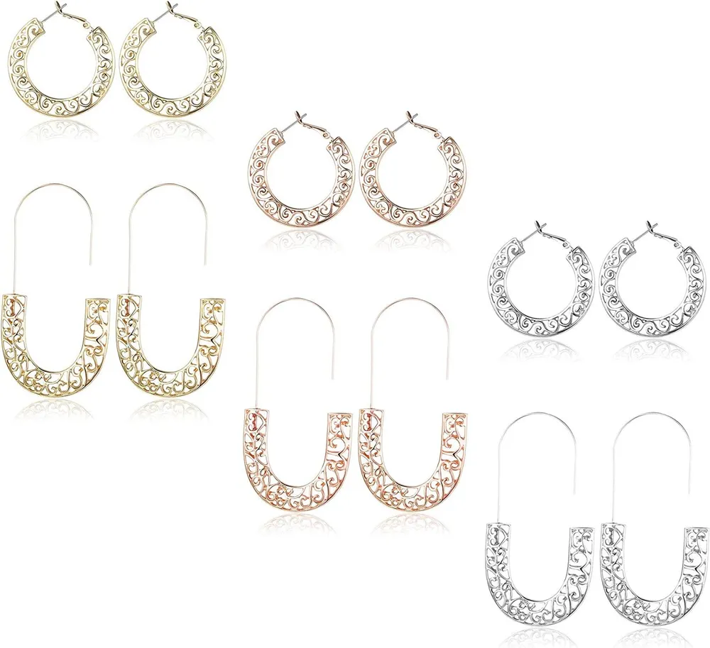 Filigree Hoop Earrings / Stainless Dainty Sculpture Geometric Filigree Huggie Drop Dangle Earrings Set - Grocery
