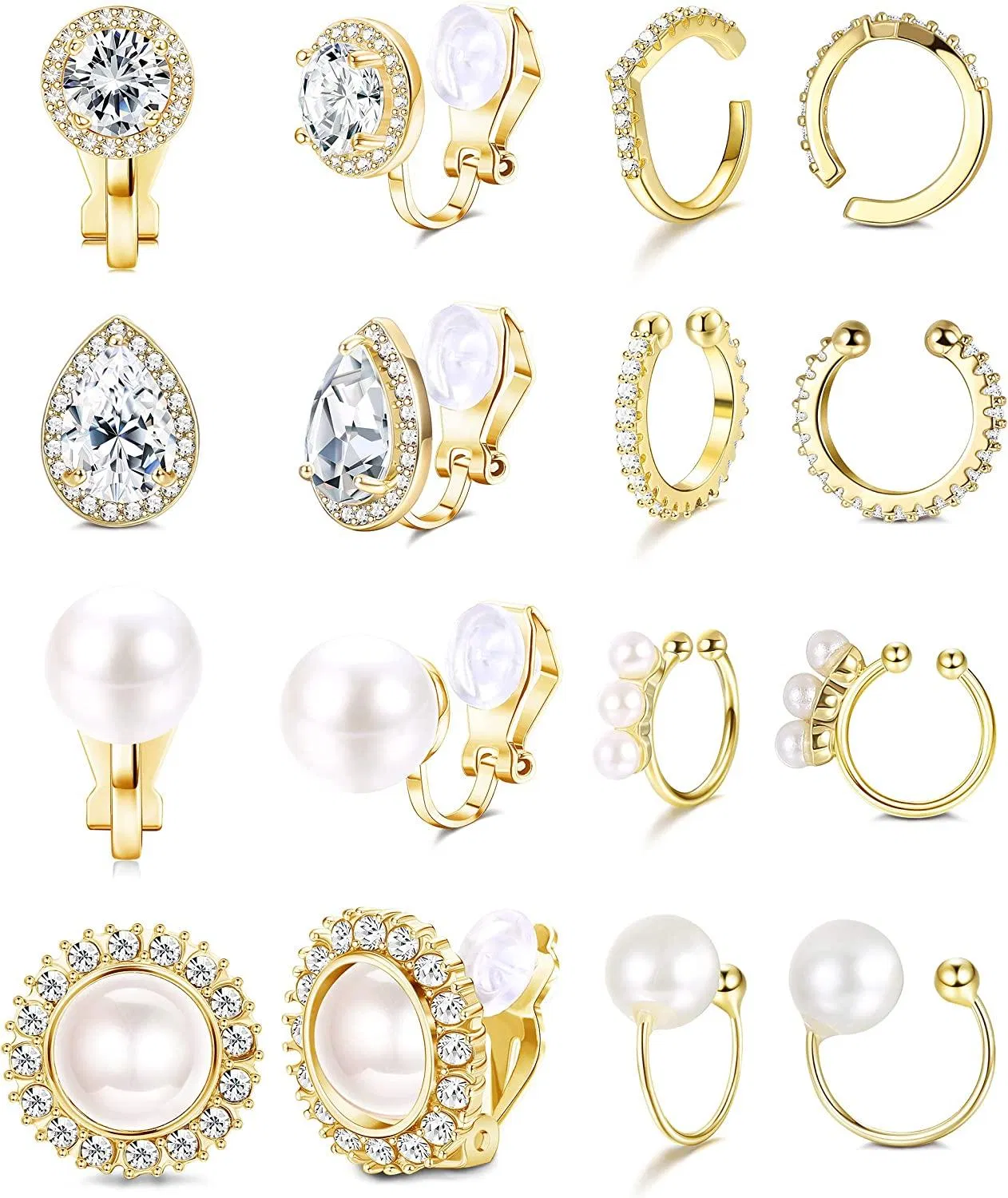8 Pairs Clip Earrings for Women CZ Pearl Non Pierced Clip On Earrings Ear Cuff for Women - Grocery
