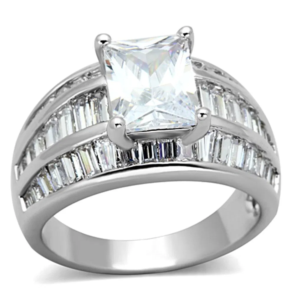 3W475 - Rhodium Brass Ring with AAA Grade CZ in Clear - Grocery