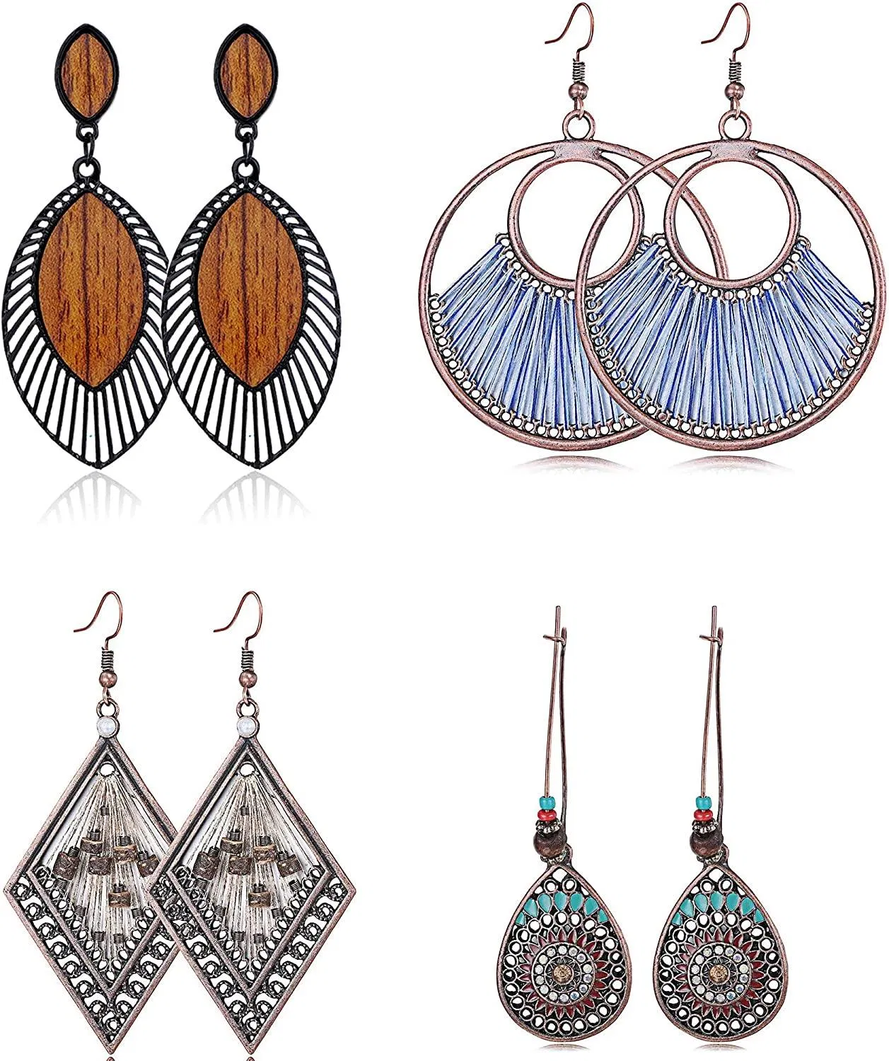 4 Pairs Bohemian Vintage Dangle Earrings for Women National Style Alloy Geometric Hollow Pendant Earrings Set - Grocery