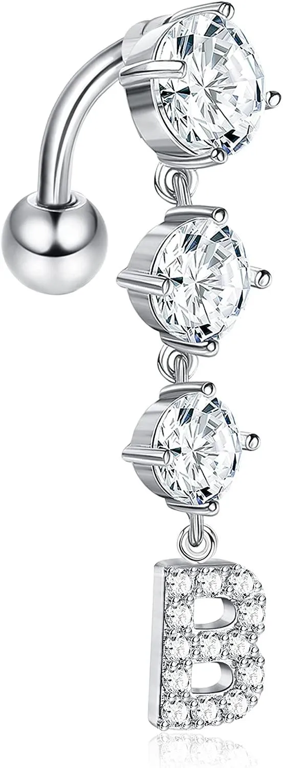 Women's 14G Initial Dangle Belly Button Rings Stainless Reverse Curved Navel Rings Sparkled CZ Letter Belly Piercing Jewelry - Grocery