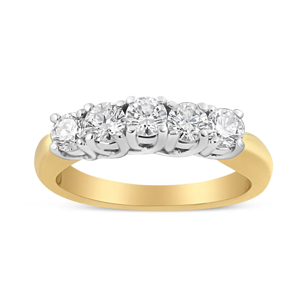 18K Yellow Gold 1.0 Cttw 4 Prong Set Round Cut Diamond Step up 5 Stone Ring Band (F-G Color, SI1-SI2 Clarity) - Grocery
