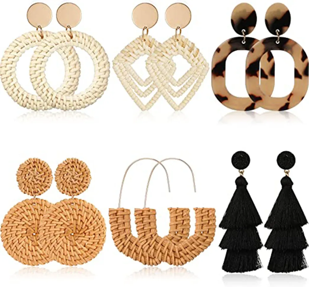 6 Pair Rattan Straw Earrings, Boho Earrings Handmade Wicker Drop Earrings Women - Grocery