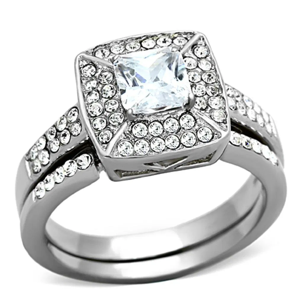 TK1088 - High polished (no plating) Stainless Steel Ring with AAA Grade CZ in Clear - Grocery