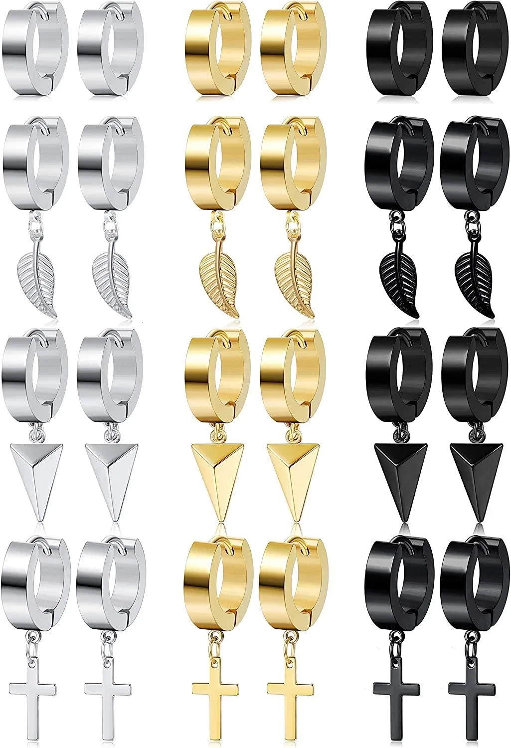12 Pairs Stainless Hoop Earrings for Men with Dangle Cross Leaf Triangle - Grocery