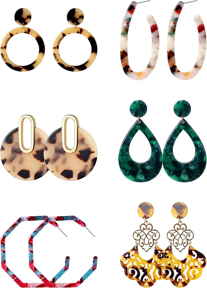 6Pairs Acrylic Earrings for Women Hoop Lightweight Resin Earrings Bohemian Dangle Drop Statement Stud Jewelry - Grocery